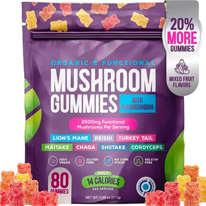 Focus & Calm Mushroom Gummies – 2500mg med Lion’s Mane & Ashwagandha (80 st)