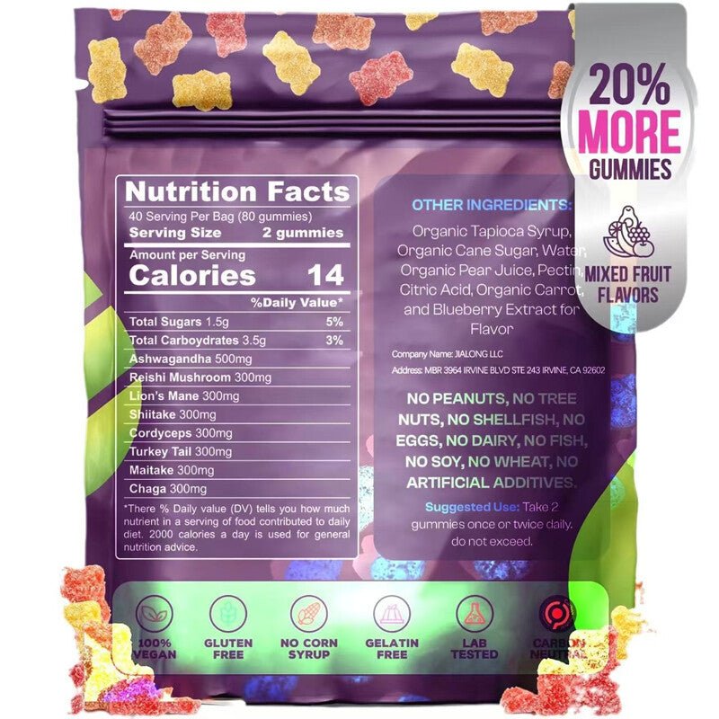 Focus & Calm Mushroom Gummies – 2500mg med Lion’s Mane & Ashwagandha (80 st)
